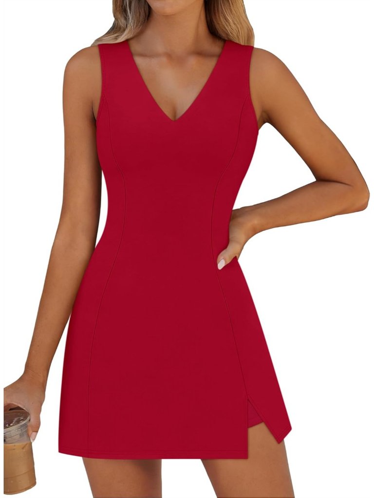 Women's Mini Dress Red V-Neck Sleeveless Shorts Bra Athletic Summer Shift